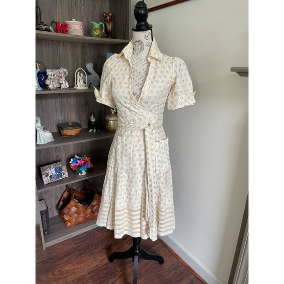 Diane Von Furstenberg Belette Metallic Gold Polka Dot Eyelet Wrap Dress 2 Pocket - Picture 1 of 12